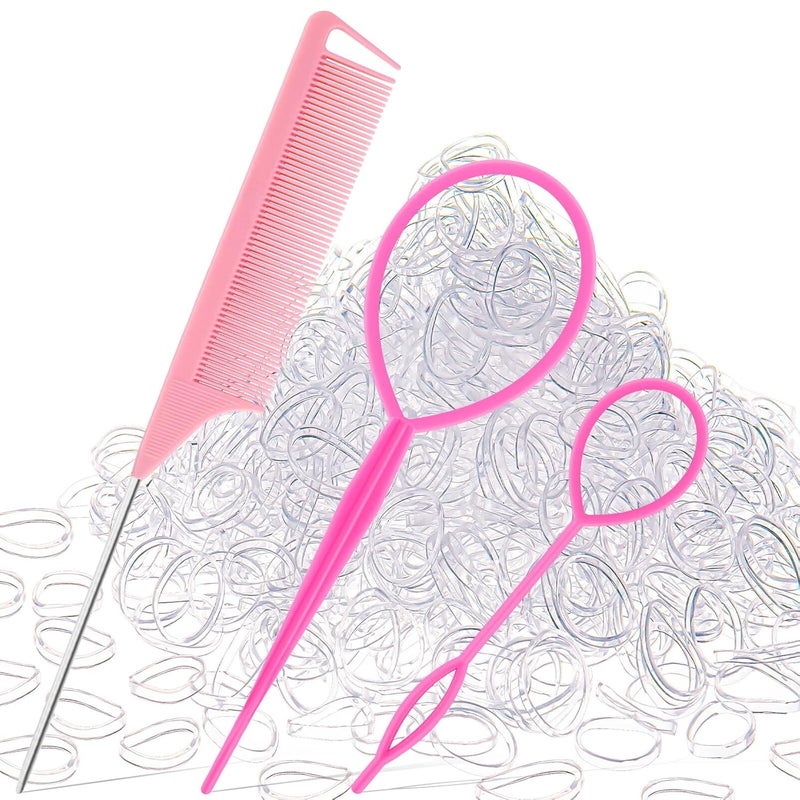 Schembo 1000Pcs Hair Rubber Bands, Soft Small Hair Elastics for Girls and Women, 2pcs Topsy Tail Tools, 1 Rat Tail Comb, Pink - Image 1